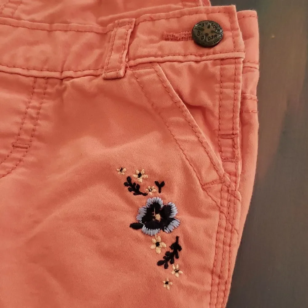 Oshkosh B'gosh Coral Overalls - Embroidered Floral Accents Braided Straps Sz 18M